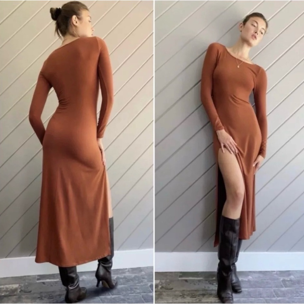 EUC Aritzia Wilfred Neptune Rust Brown T-Shirt Maxi Bodycon High Slit Dress S